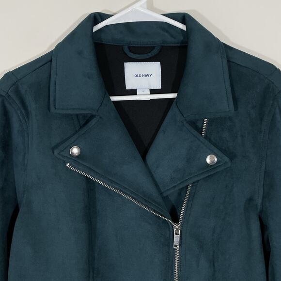Old Navy Moto Biker Jacket Womens Size Large Aqua Green Faux Suede Full Zip - Picture 2 of 5